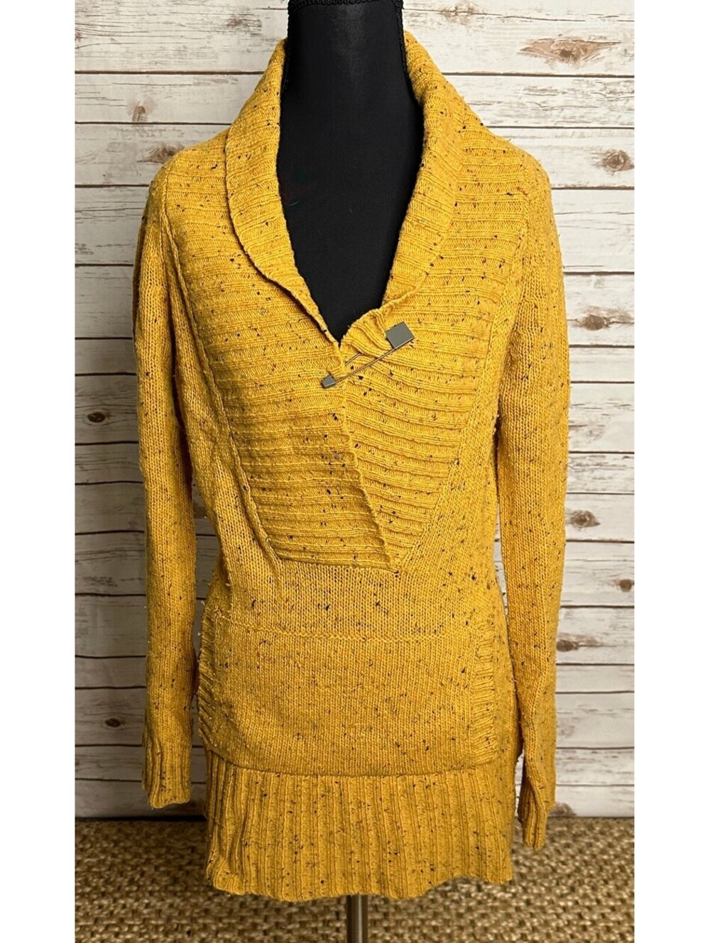 Free People yellow speckled marled shawl collar long sleeve wool sweater Small